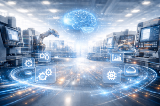 AI in machine tools 2026 visualised as a connected digital network above precision metal manufacturing surfaces