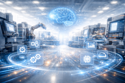 AI in machine tools 2026 visualised as a connected digital network above precision metal manufacturing surfaces