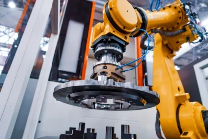 Industrial AI in CNC Machining 2026 robotic arm performing precision component handling in advanced automated manufacturing environment