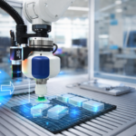 Physical AI in robotics and automation guiding a machine vision robotic system performing intelligent inspection of industrial components inside a smart factory