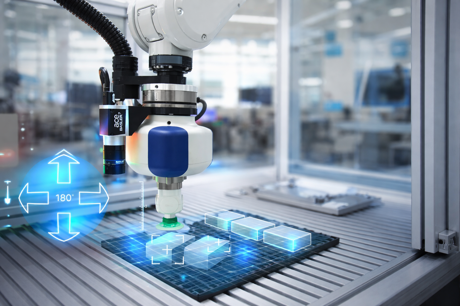 Physical AI in robotics and automation guiding a machine vision robotic system performing intelligent inspection of industrial components inside a smart factory