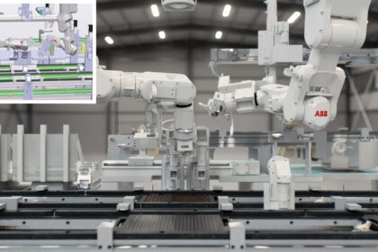 ABB RobotStudio NVIDIA Omniverse Integration simulation showing AI industrial robots trained in digital twin environment