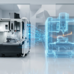 Digital Twin in Manufacturing showing real CNC machine with real-time virtual twin and live data connection