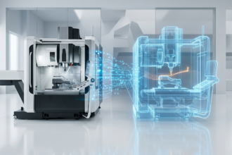Digital Twin in Manufacturing showing real CNC machine with real-time virtual twin and live data connection