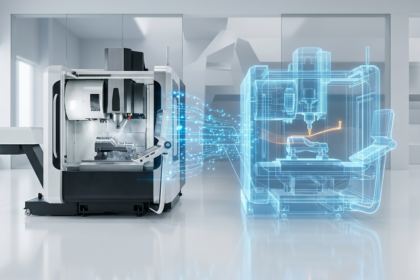 Digital Twin in Manufacturing showing real CNC machine with real-time virtual twin and live data connection
