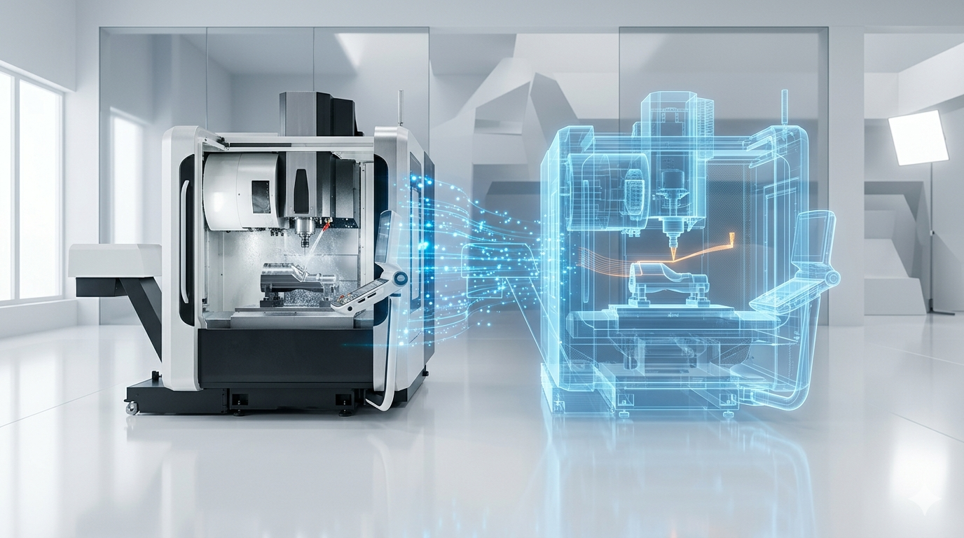 Digital Twin in Manufacturing showing real CNC machine with real-time virtual twin and live data connection