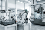 AI in manufacturing March 2026 showing metrology inspection system, robotic arm and CNC machine in a modern factory environment