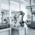 AI in manufacturing March 2026 showing metrology inspection system, robotic arm and CNC machine in a modern factory environment