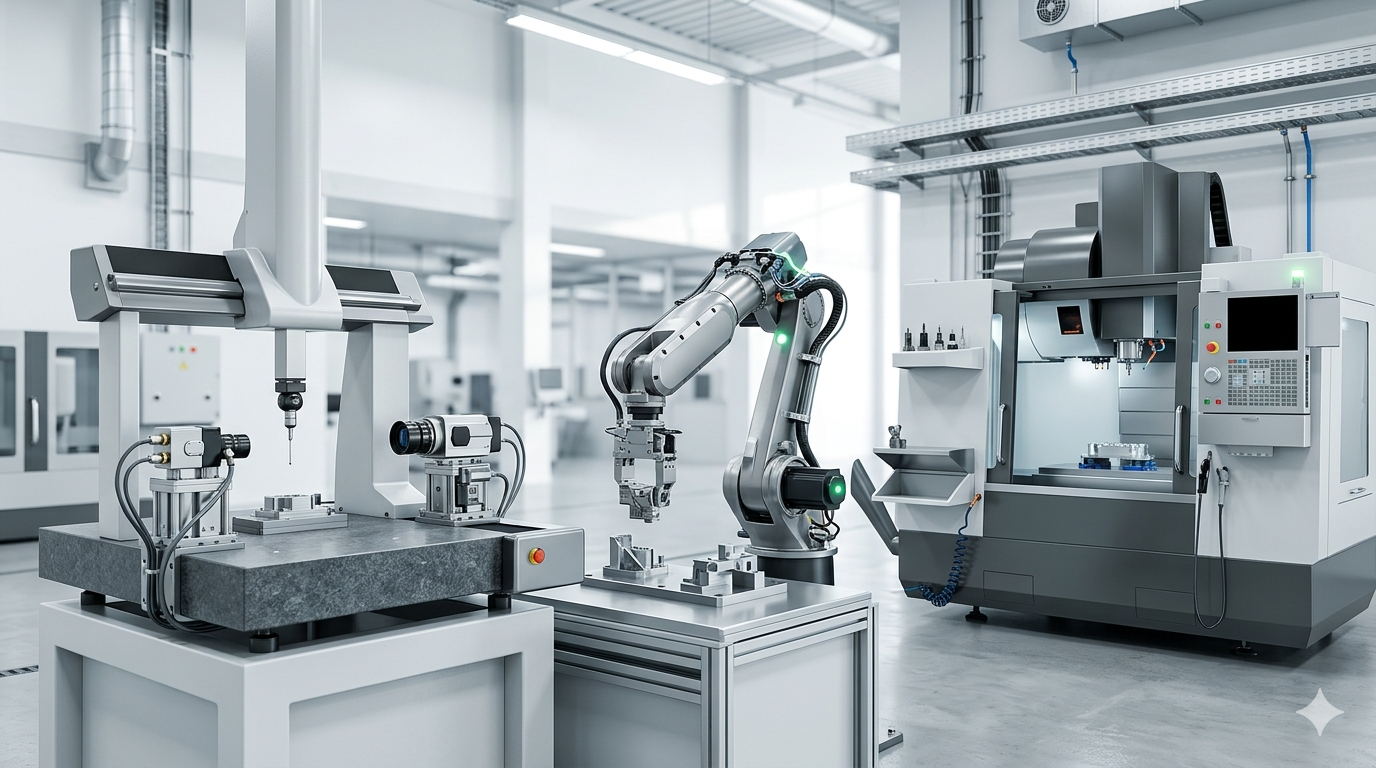 AI in manufacturing March 2026 showing metrology inspection system, robotic arm and CNC machine in a modern factory environment