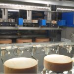 AI cheese production inspection system using machine vision camera and robotics monitoring cheese wheels during automated ripening process