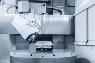 AI Toolpath Optimisation 2026 illustrated by a 5 axis CNC machining centre cutting a complex aluminium aerospace component