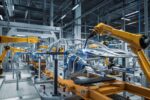 Edge AI in Manufacturing 2026 with industrial robots performing automated welding and real-time decision making in a smart factory environment