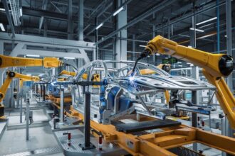 Edge AI in Manufacturing 2026 with industrial robots performing automated welding and real-time decision making in a smart factory environment