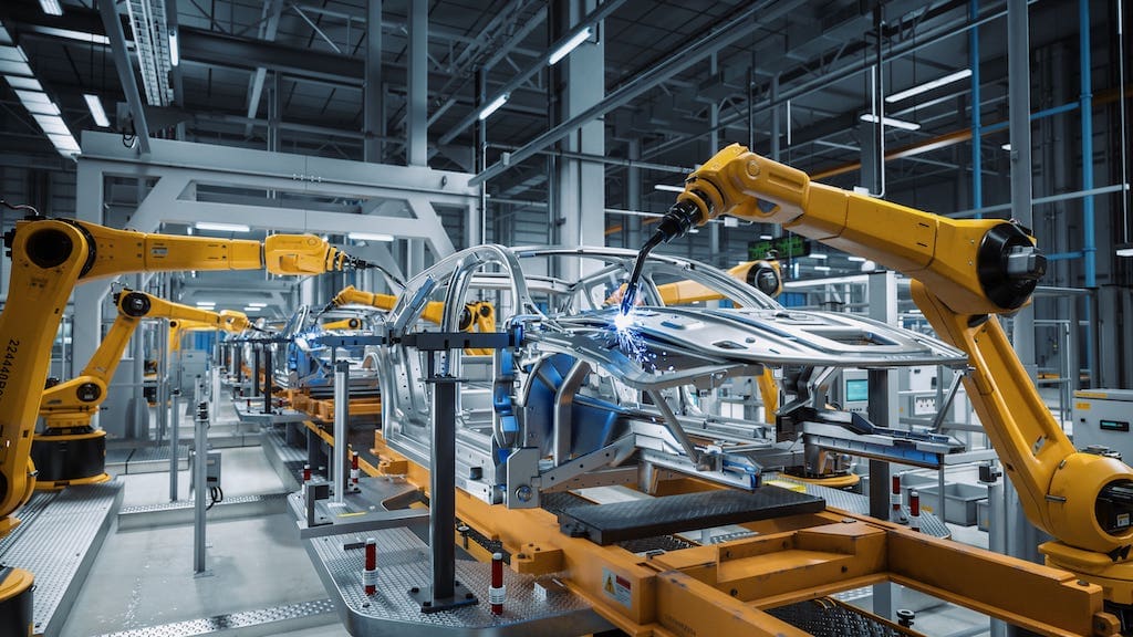Edge AI in Manufacturing 2026 with industrial robots performing automated welding and real-time decision making in a smart factory environment