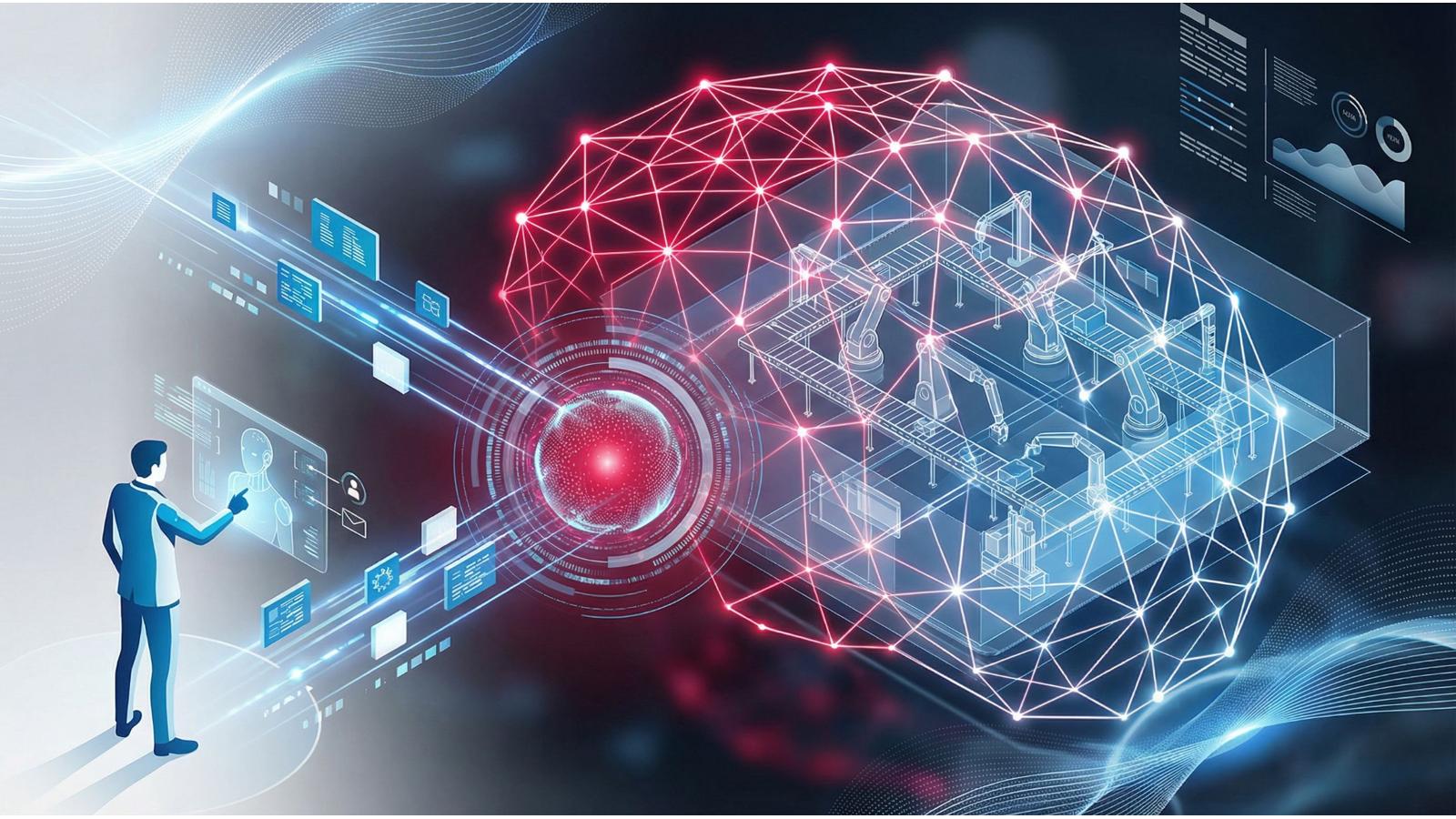 German Edge Cloud Digital Industrial Engineer 2026 visual showing AI connected factory network with robotics, data flows and industrial engineering intelligence system