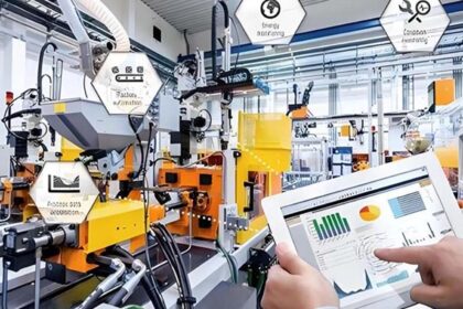 Industrial AI in factories analysing CNC machine production data in a smart manufacturing environment