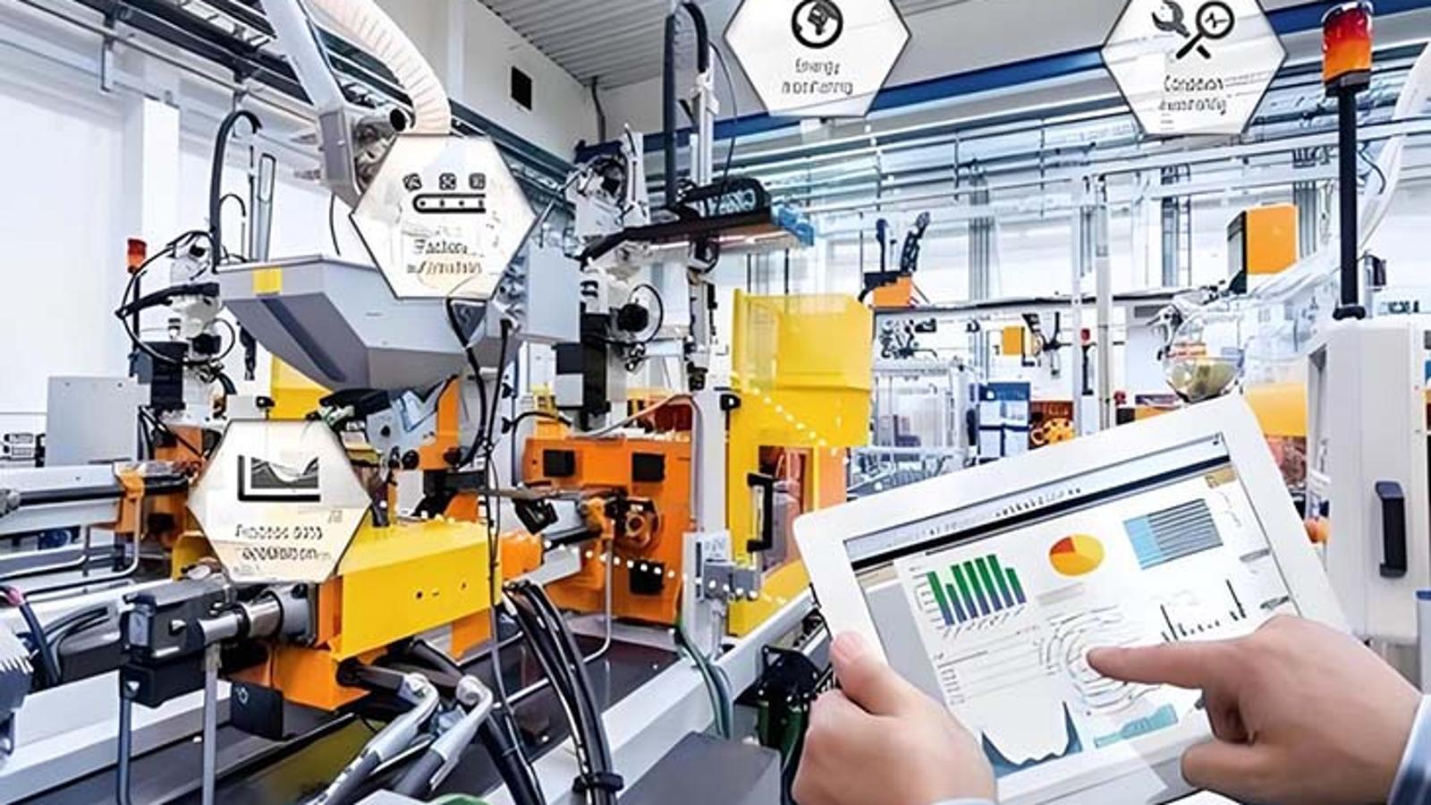 Industrial AI in factories analysing CNC machine production data in a smart manufacturing environment