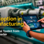 AI adoption in manufacturing for UK SMEs showing a factory worker using a digital tablet to monitor smart manufacturing data and Made Smarter toolkit guidance