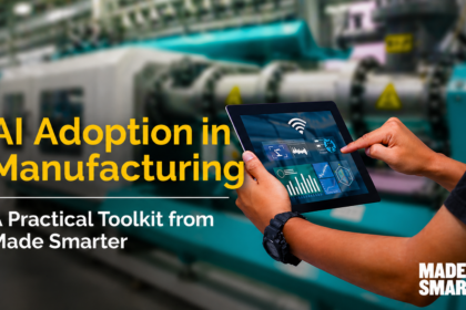 AI adoption in manufacturing for UK SMEs showing a factory worker using a digital tablet to monitor smart manufacturing data and Made Smarter toolkit guidance
