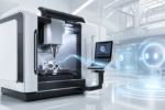 Manufacturing copilot AI assistant supporting CNC machining with a smart CAM interface, robotic guidance and industrial automation in a bright futuristic factory