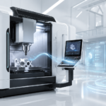 Manufacturing copilot AI assistant supporting CNC machining with a smart CAM interface, robotic guidance and industrial automation in a bright futuristic factory