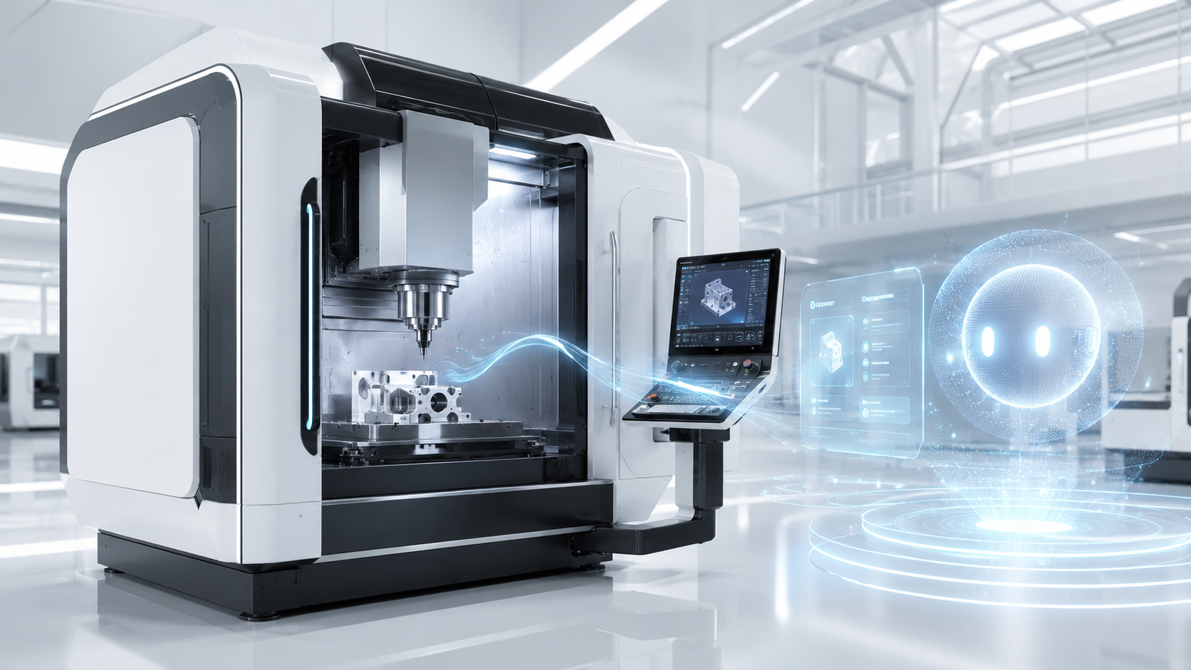 Manufacturing copilot AI assistant supporting CNC machining with a smart CAM interface, robotic guidance and industrial automation in a bright futuristic factory