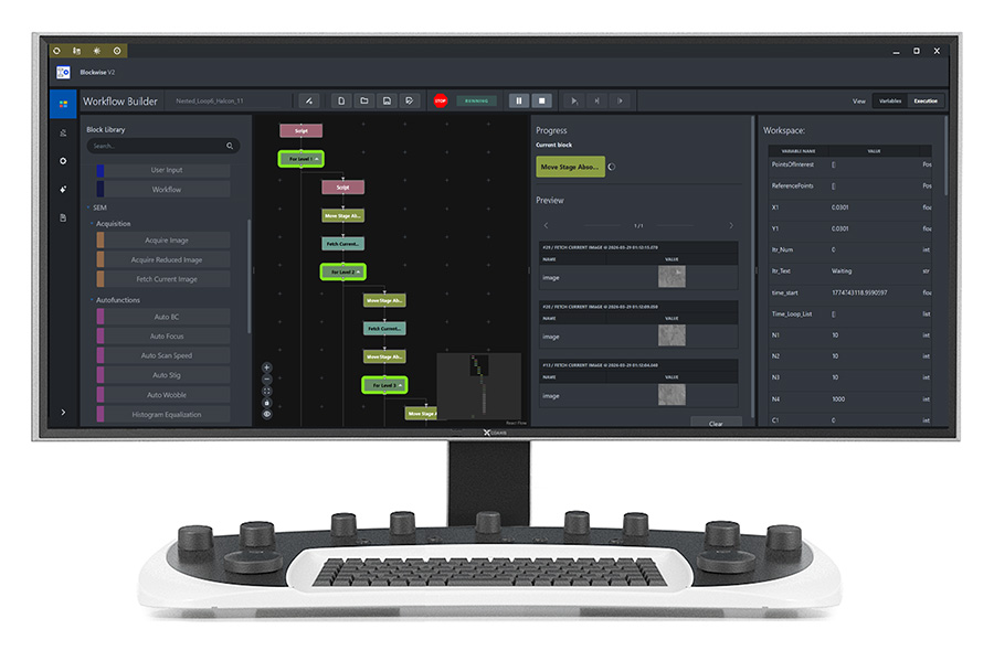 AI inspection software showing ZEISS Blockwise automated microscopy workflow powered by MVTec HALCON machine vision