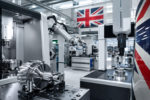 UK manufacturing AI adoption in a modern CNC factory with precision machining, automated robotics and a stylish Union Jack design showing advanced British manufacturing technology
