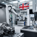 UK manufacturing AI adoption in a modern CNC factory with precision machining, automated robotics and a stylish Union Jack design showing advanced British manufacturing technology