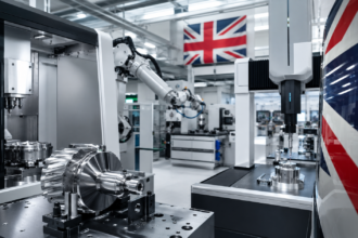 UK manufacturing AI adoption in a modern CNC factory with precision machining, automated robotics and a stylish Union Jack design showing advanced British manufacturing technology