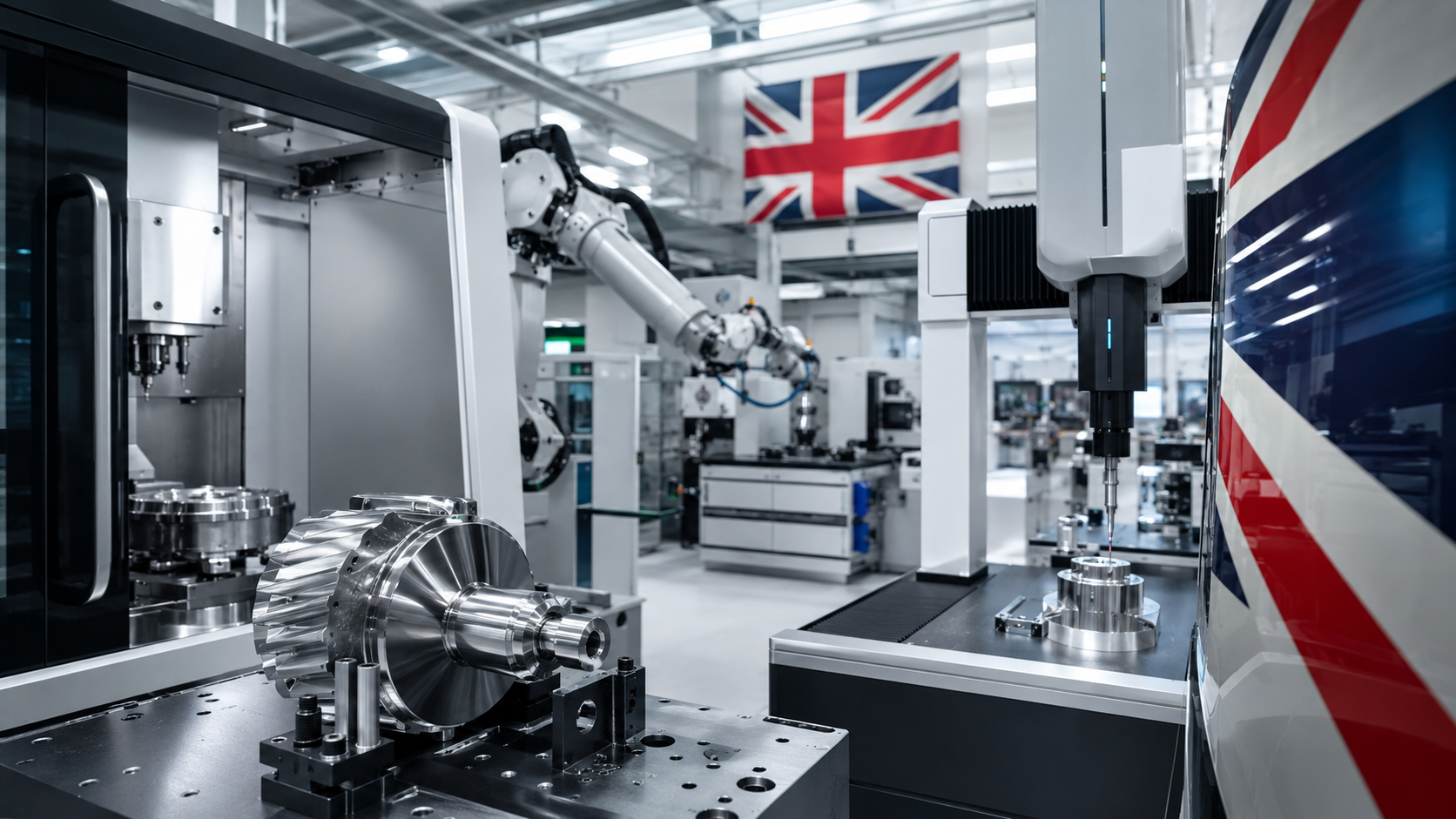 UK manufacturing AI adoption in a modern CNC factory with precision machining, automated robotics and a stylish Union Jack design showing advanced British manufacturing technology