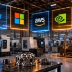Big Tech in metal manufacturing 2026 showing Google, Microsoft, AWS, NVIDIA and Siemens logos above a modern CNC factory floor with robotics, precision-machined metal parts, connected industrial AI systems and smart factory automation