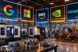 Big Tech in metal manufacturing 2026 showing Google, Microsoft, AWS, NVIDIA and Siemens logos above a modern CNC factory floor with robotics, precision-machined metal parts, connected industrial AI systems and smart factory automation