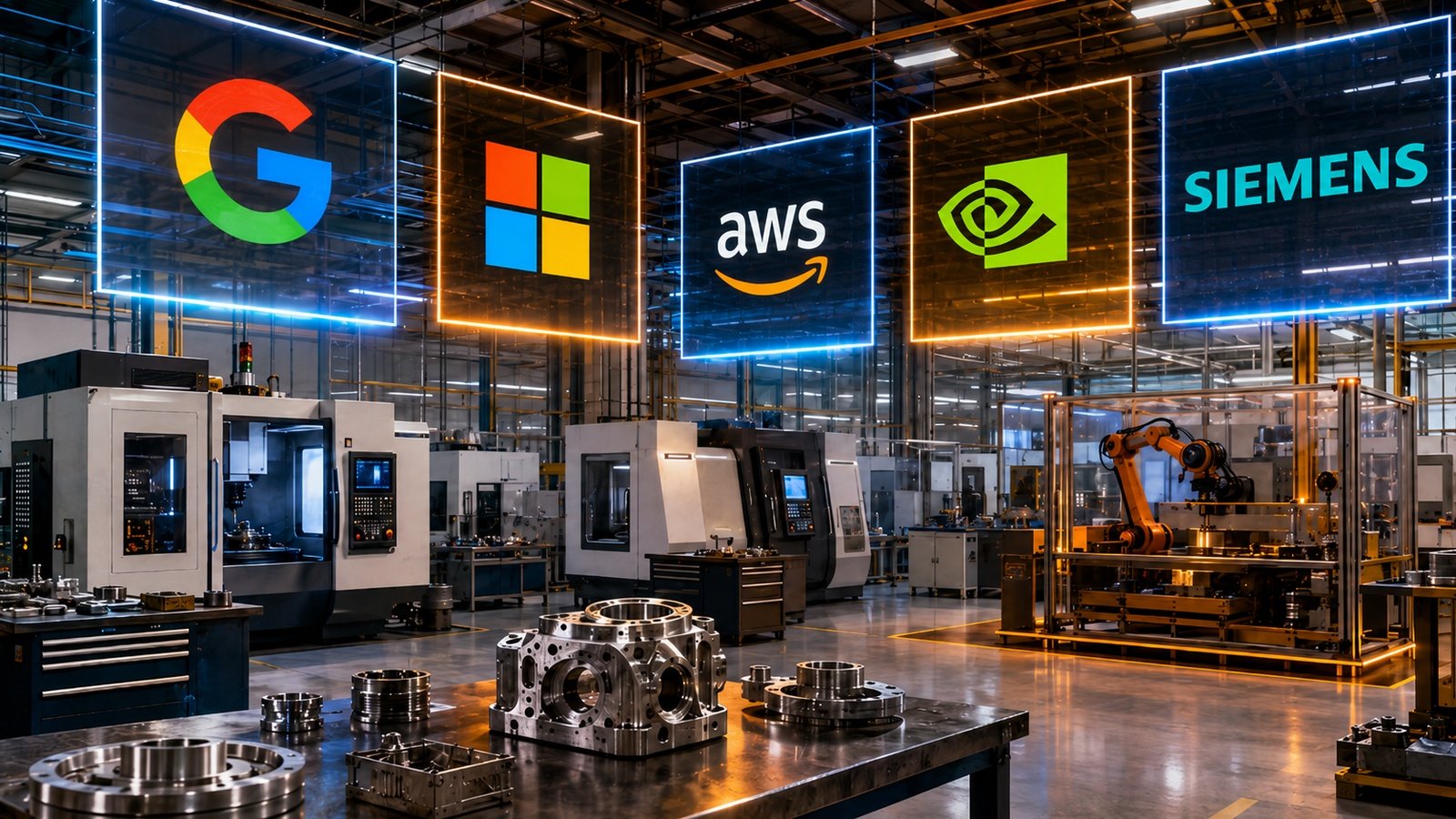 Big Tech in metal manufacturing 2026 showing Google, Microsoft, AWS, NVIDIA and Siemens logos above a modern CNC factory floor with robotics, precision-machined metal parts, connected industrial AI systems and smart factory automation