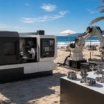 June 2026 AI manufacturing releases displayed as CNC machine tools, Physical AI robots and machined parts in a sunny beach launch scene