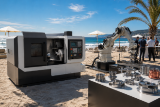 June 2026 AI manufacturing releases displayed as CNC machine tools, Physical AI robots and machined parts in a sunny beach launch scene