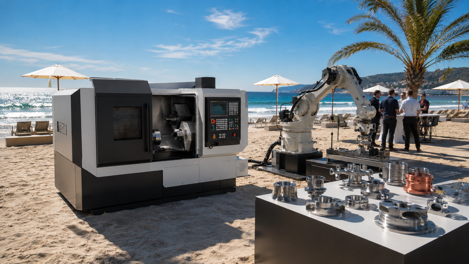June 2026 AI manufacturing releases displayed as CNC machine tools, Physical AI robots and machined parts in a sunny beach launch scene