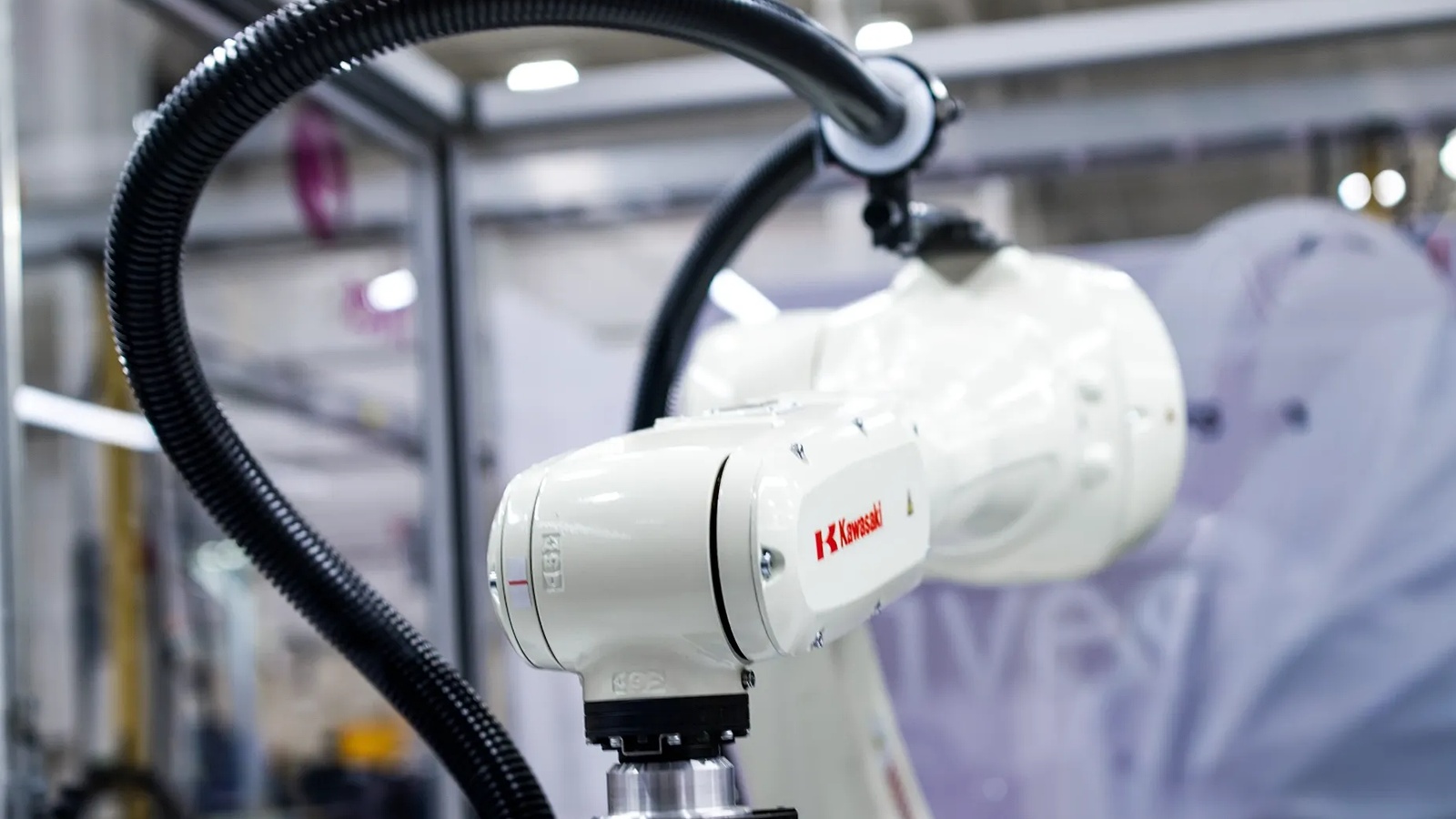 Kawasaki Physical AI Robot 2026 RL030N industrial robot arm demonstrating adaptive factory automation, robotic inspection and AI-controlled production handling at Automate 2026.