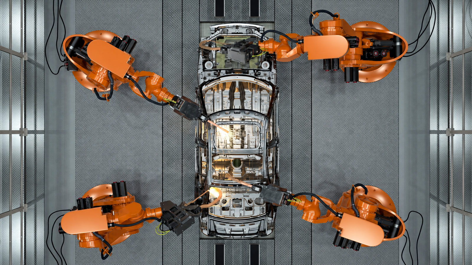 KUKA AMP Physical AI platform using industrial robots to weld an automotive body inside a North American car factory