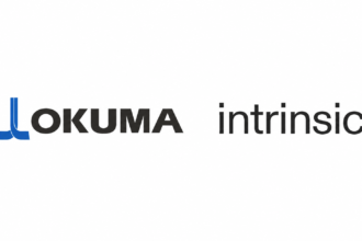 Okuma and Intrinsic logos side by side representing their AI-powered robotics and manufacturing partnership