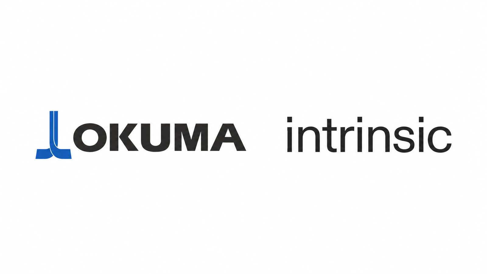 Okuma and Intrinsic logos side by side representing their AI-powered robotics and manufacturing partnership