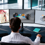 Engineer using Siemens AI-Powered Simcenter simulation software across three monitors to analyse vehicle chassis, motor and fluid dynamics designs before manufacturing