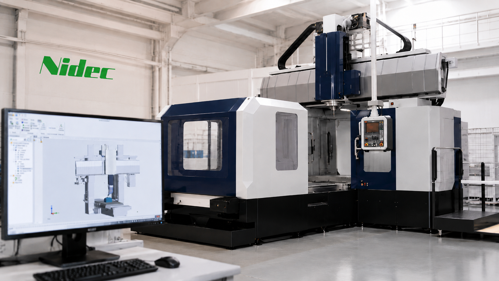 Nidec NC Twin digital twin platform for CNC machining, showing Nidec Machine Tool MVR Series double-column machining centre with virtual NC programme simulation for machine operation, cycle time verification, interference checking and surface quality prediction