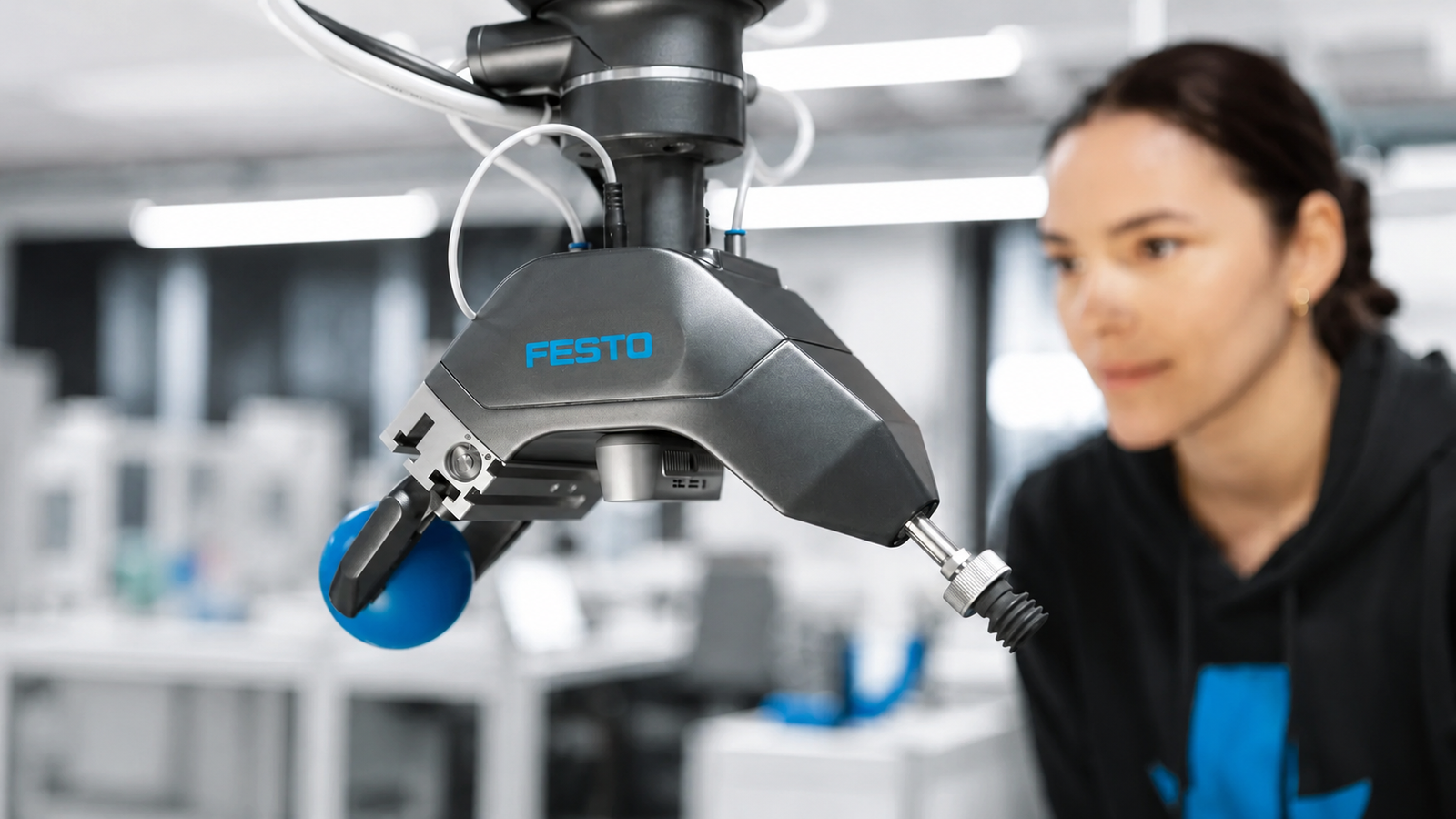 Festo GripperAI robotic gripper using AI vision to identify and handle mixed objects while an engineer monitors the system.