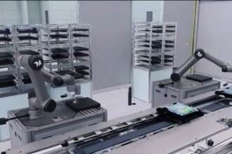 Techman Robot AI cobots inspect automotive electronics at Quanta Computer’s German facility using AI vision, 360-degree inspection, AOI quality control and production traceability for advanced automotive manufacturing.