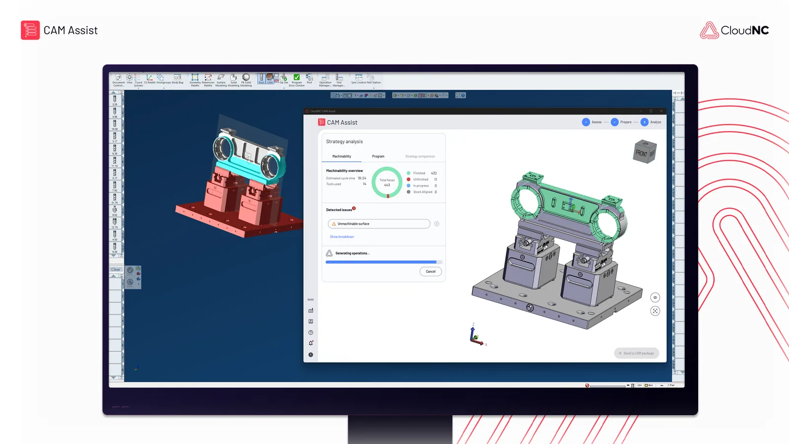 CloudNC CAM Assist AI software generating 3-axis and 3+2-axis CNC machining strategies inside GibbsCAM