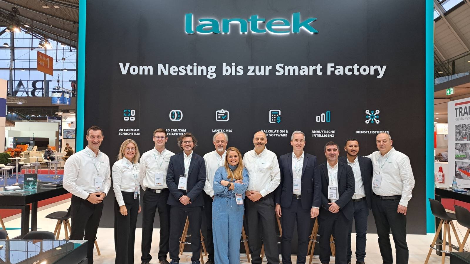 Lantek team showcasing KAI AI and Lantek v46 at the EuroBLECH exhibition ahead of the software's EuroBLECH 2026 launch for intelligent sheet metal manufacturing.