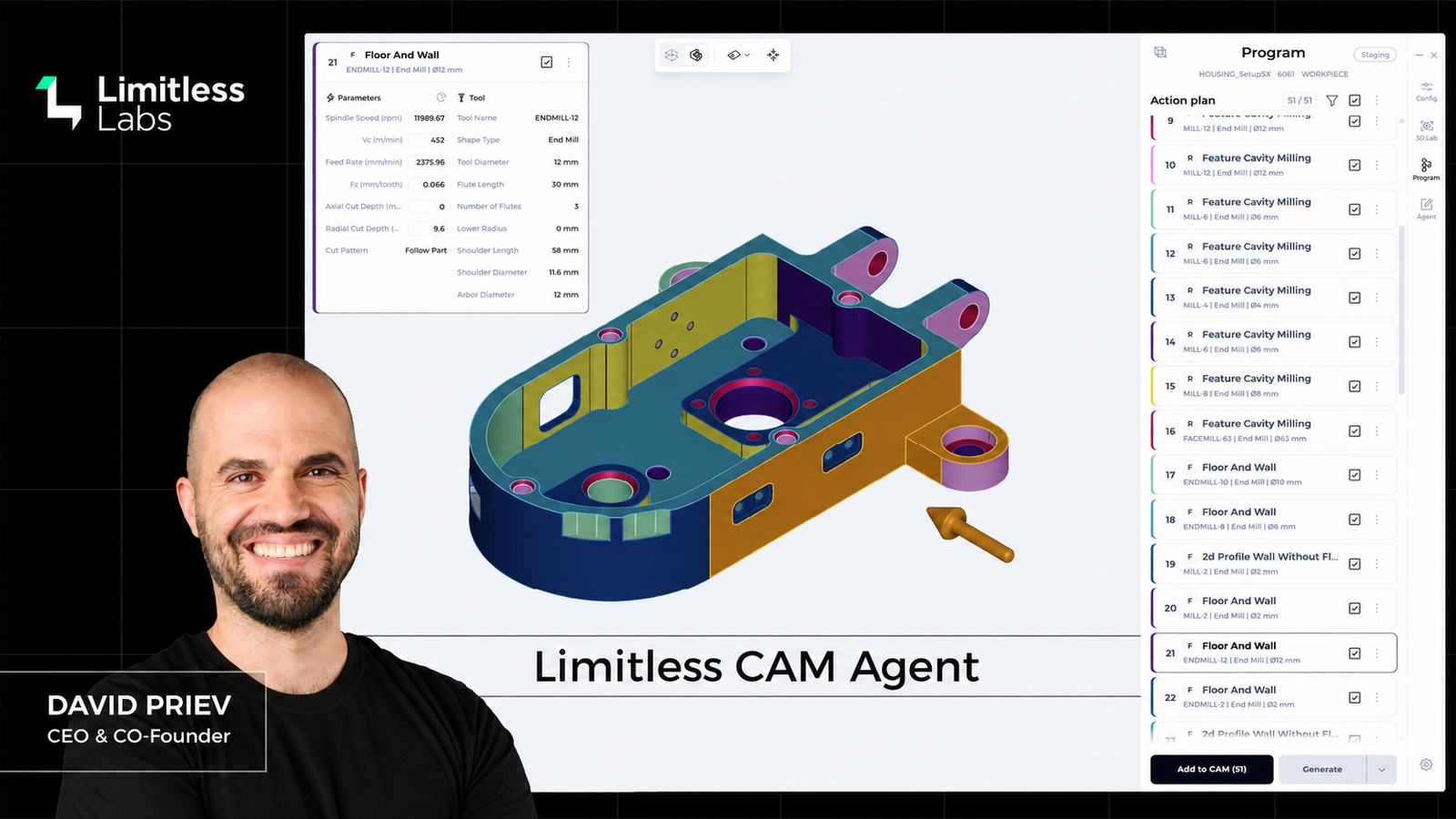 AI CAM Agent from Limitless Labs with CEO David Priev and CNC programming interface
