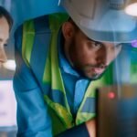Hexagon report on AI in manufacturing: a woman and a man wearing a hard hat review a screen on the factory floor.