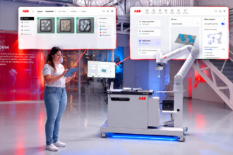 ABB AI Robot Trainer and OmniCore EyeMotion demonstrating AI-powered robotic vision and automated path planning.
